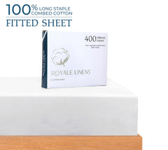 Royale Linens 400 Thread Count 100% American Grown Cotton Fitted Sheet Queen Size - All Around Elastic Fitted Sheet - Luxury Sateen Weave - Snug Fit Bottom Sheet Fit Up To 16" (Queen, Signature White)