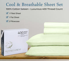 Royale Linen 400 Thread Count 100% American Grown Cotton 4 Piece Sateen Queen Sheet Set - 1 Fitted Sheet, 1 Flat Sheet, 2 Pillow case - Green Queen Bedsheet - Cotton Sheets - (Queen, Florentine Sage)