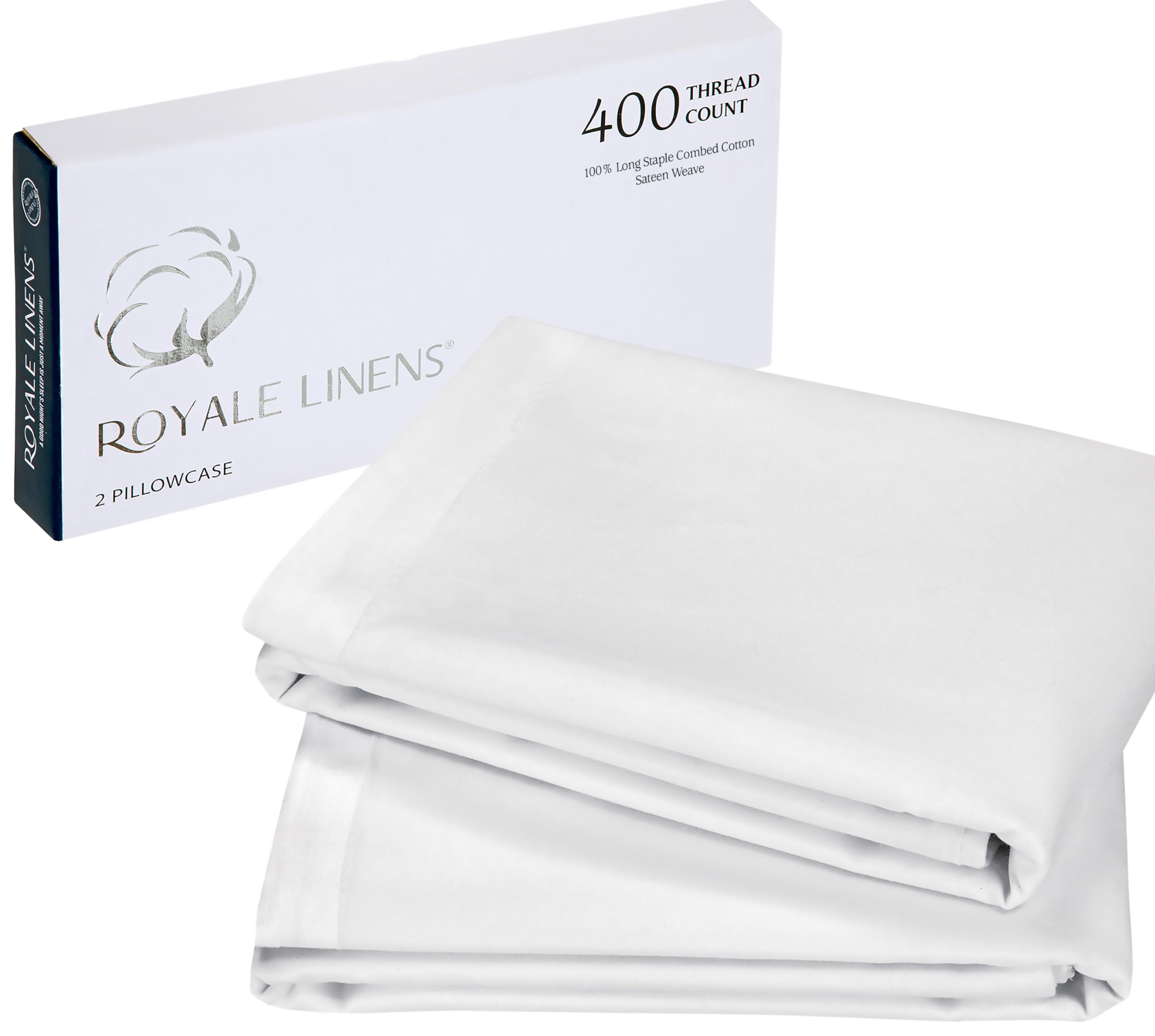 Royale Linens 400 Thread Count 100% American Grown Cotton Pillowcase Set - Luxury Sateen Pillow case - 20"x30" Inch - Soft & Smooth Set of 2 White Pillowcases - (Signature White)
