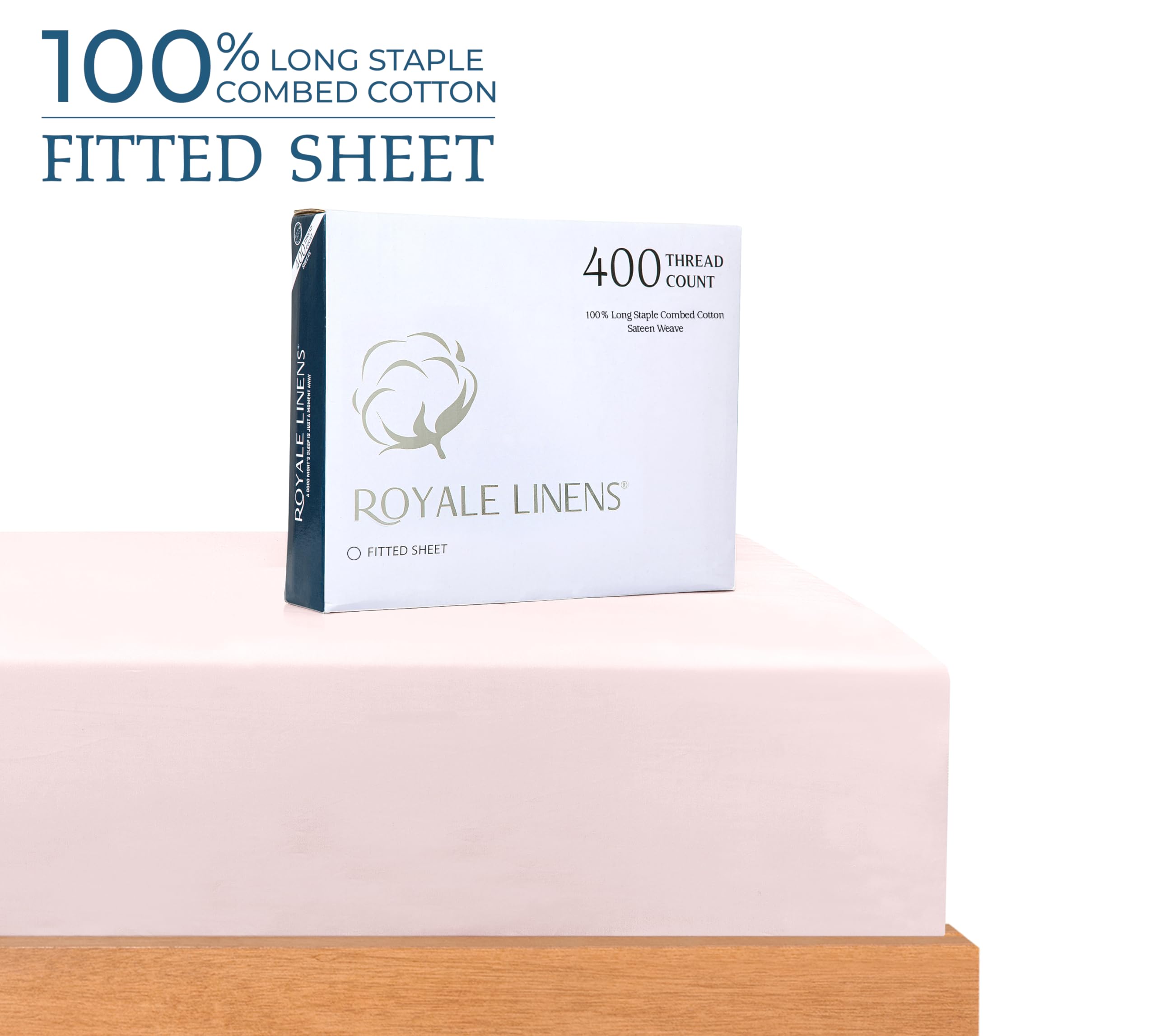 Royale Linens 400 Thread Count 100% American Grown Cotton Fitted Sheet  - All Around Elastic Fitted Sheet - Luxury Sateen Weave - Snug Fit Bottom Sheet Fit Up To 16 Inch ( Kyoto Blush)