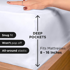 Royale Linens Fitted Sheet Queen - Brushed Hotel Quality 1800 Ultra-Soft Wrinkle & Fade Resistant - Bottom Sheet - Deep Pocket Stretches Up to 16" - Fitted Sheet Only - Elastic Sheet (Queen, White)