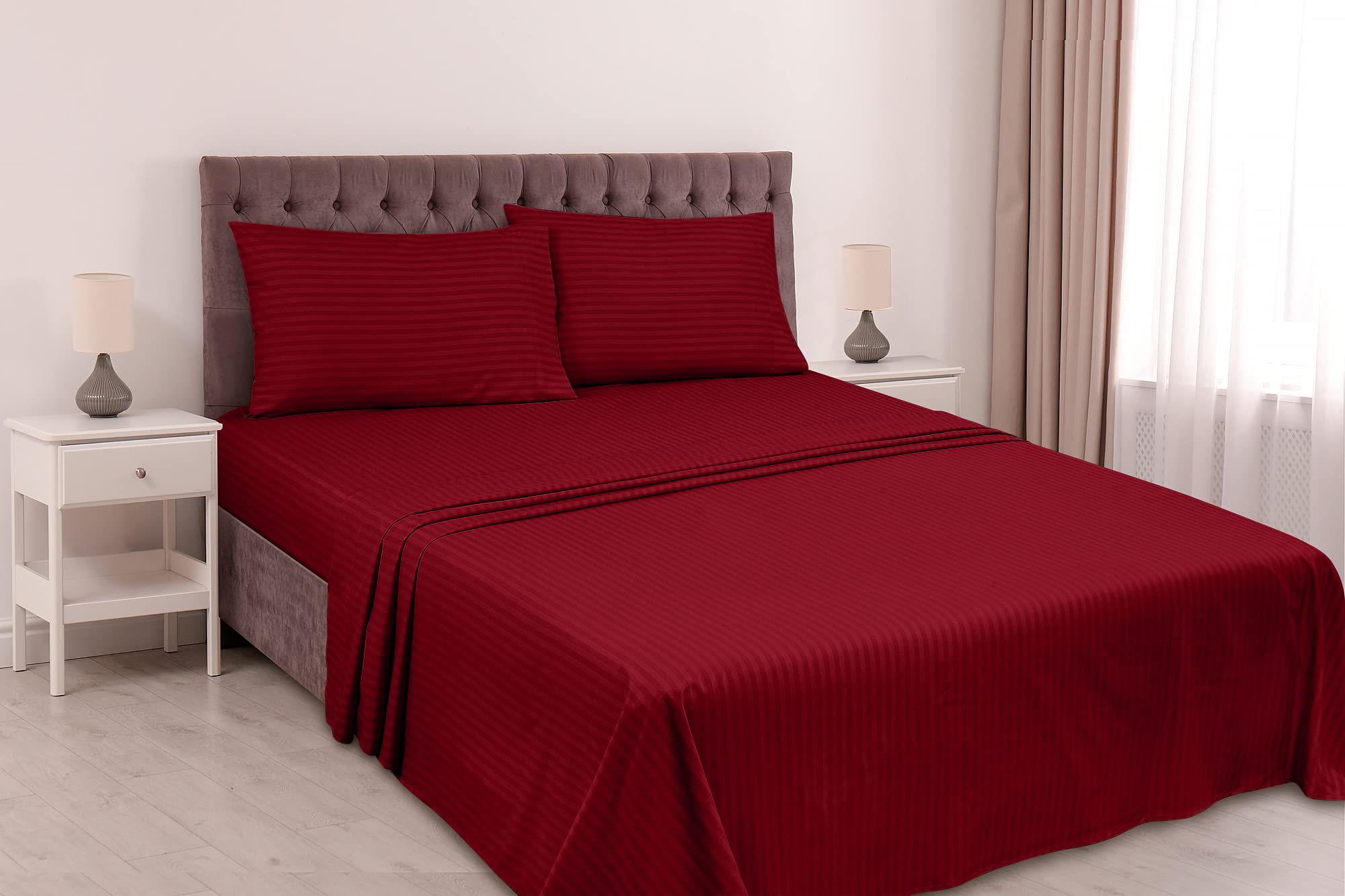 ROYALE LINENS Striped Bed Sheet Set - Microfiber 1800 Bedding - 1 Fitted Sheet, 1 Flat Sheet, 2 Pillowcase - Wrinkle & Fade Resistant - 4 Piece Damask Stripe Bed Sheet Set (Stripe Burgundy)