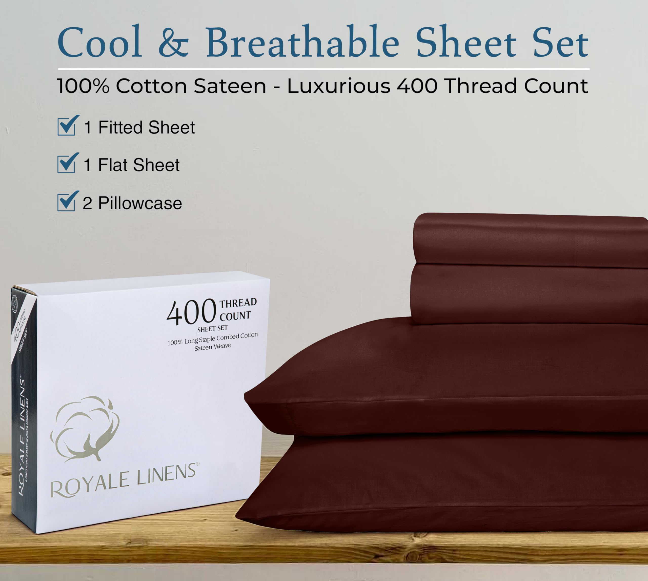 ROYALE LINENS 400 Thread Count 100% American Grown Cotton 4 Piece Sateen Queen Sheet Set - 1 Fitted Sheet, 1 Flat Sheet, 2 Pillow case - Wine Red Queen Bedsheet - Cotton Sheets - (Queen, Wine Red)