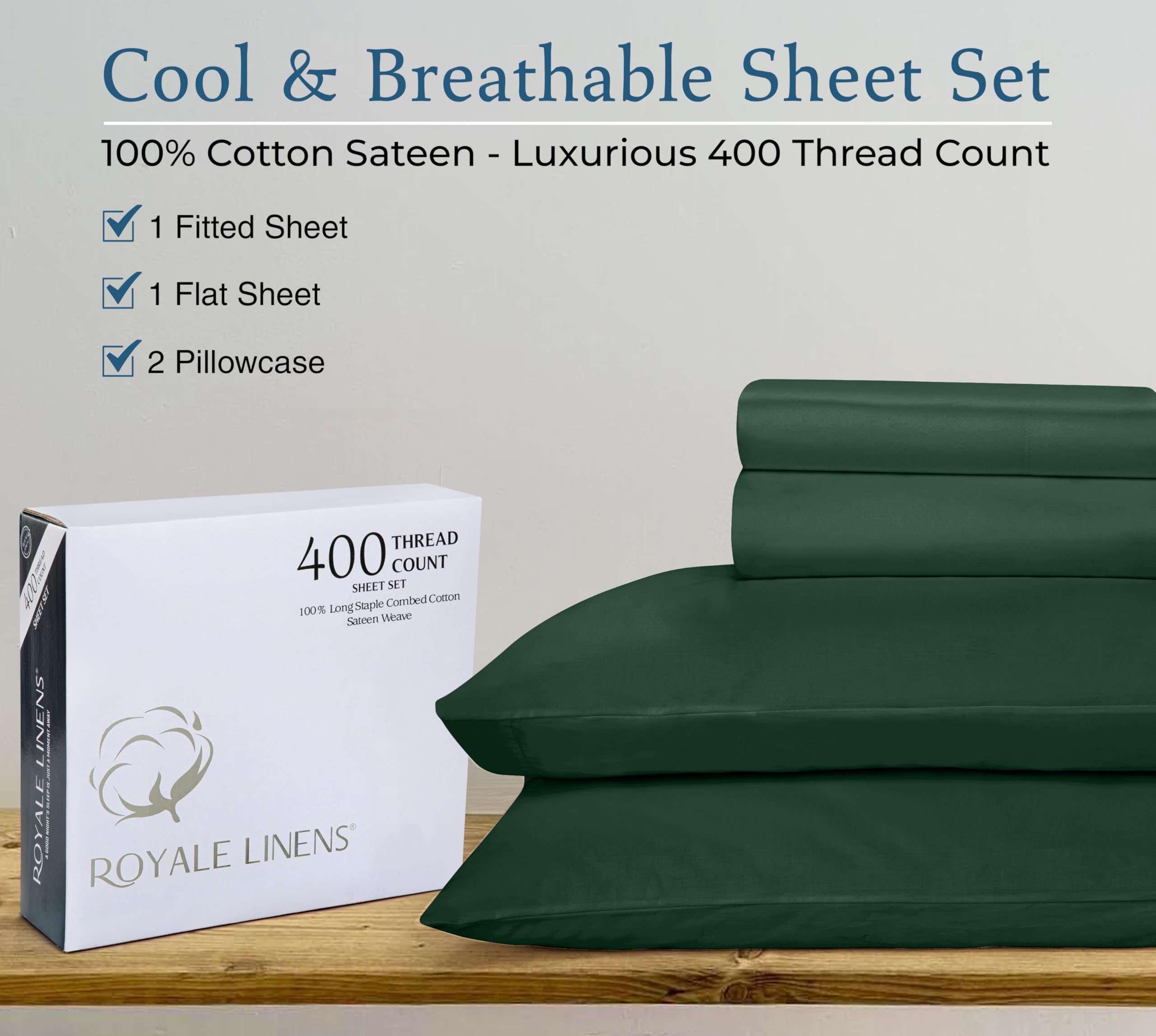 ROYALE LINENS 400 Thread Count 100% American Grown Cotton 4 Piece Sateen Queen Sheet Set - 1 Fitted Sheet, 1 Flat Sheet, 2 Pillow case - Green Queen Bedsheet - Cotton Sheets - (Queen, Emerald)