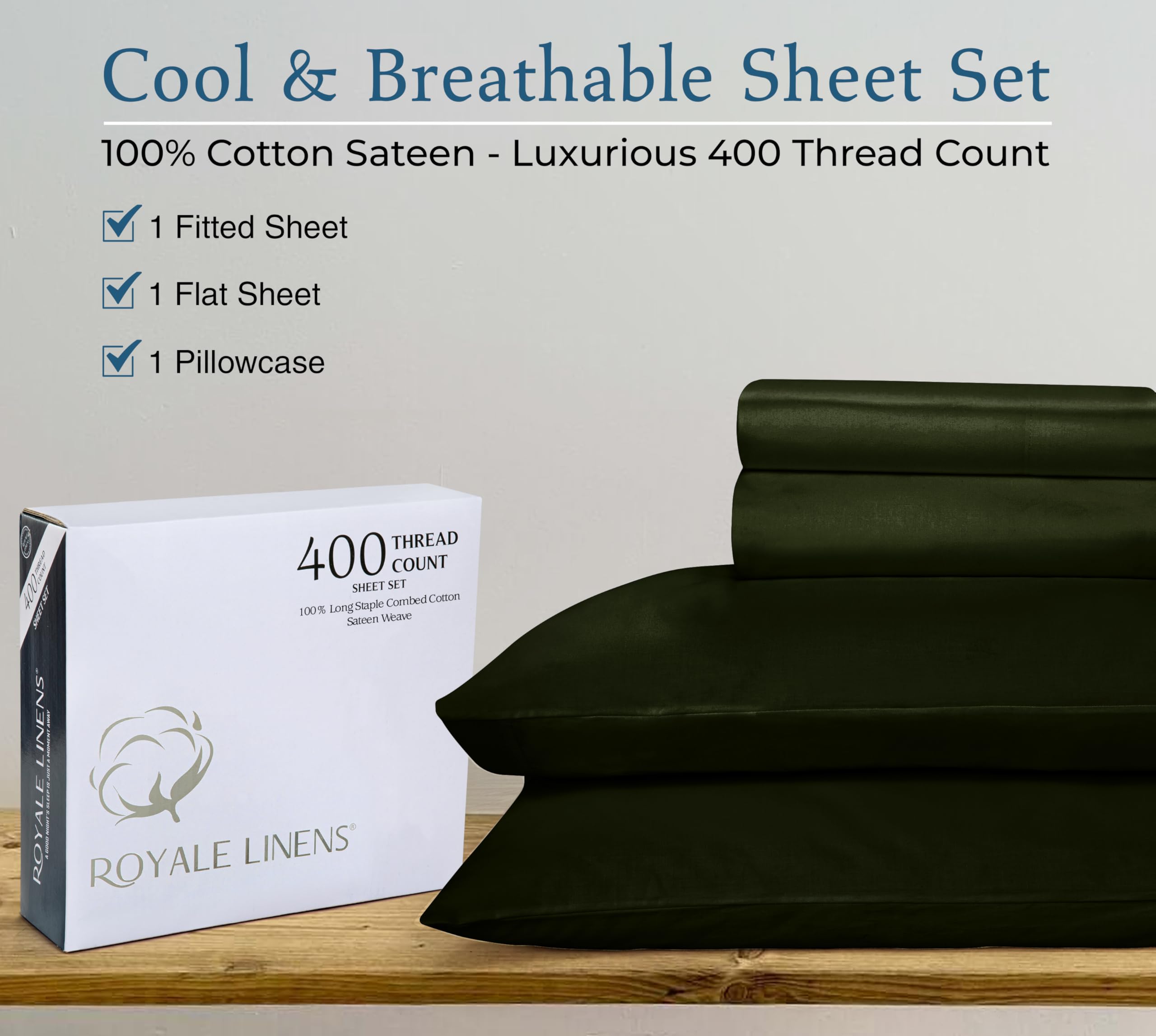 ROYALE LINENS 400 Thread Count 100% American Grown Cotton 4 Piece Sateen Queen Sheet Set - 1 Fitted Sheet, 1 Flat Sheet, 2 Pillow case - Green Queen Bedsheet - Cotton Sheets - (Queen, Leaf Green)