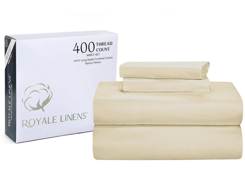 ROYALE LINENS 400 Thread Count 100% American Grown Cotton 4 Piece Sateen Queen Sheet Set - 1 Fitted Sheet, 1 Flat Sheet, 2 Pillow case - Taupe Queen Bedsheet - Cotton Sheets - (Queen, Moroccan Sand)