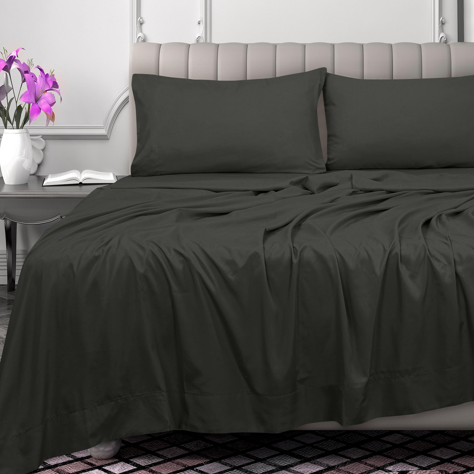 ROYALE LINENS 300 Thread Count 100% Long Staple Combed Cotton Flat Sheet - Super Soft - Top Sheet - Flat Sheet Sold Separately - Breathable, Cool & Crisp Percale Flat Sheet Only ( Black)