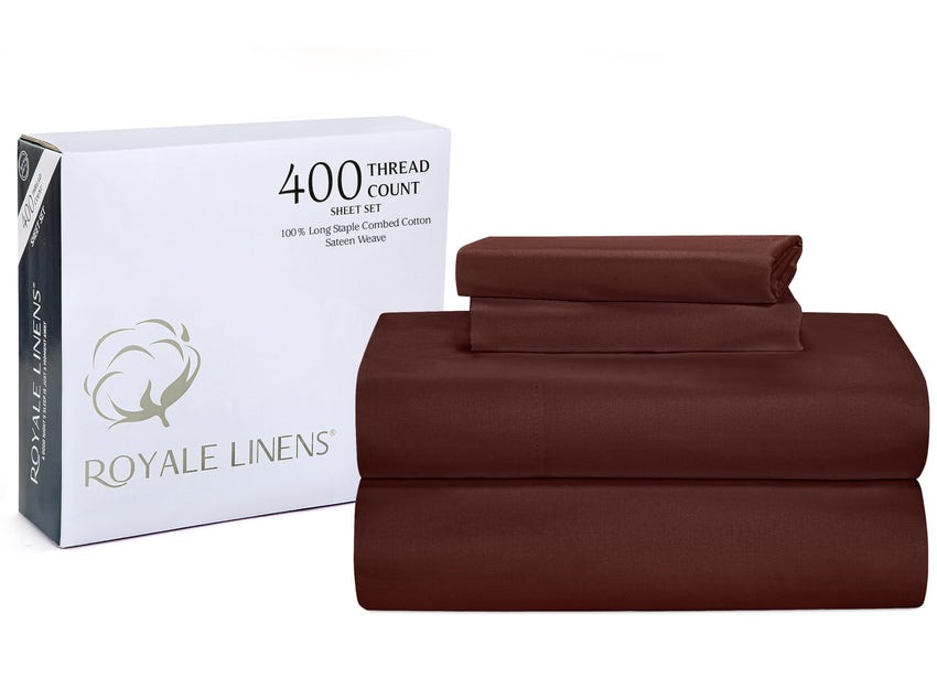 ROYALE LINENS 400 Thread Count 100% American Grown Cotton 4 Piece Sateen Queen Sheet Set - 1 Fitted Sheet, 1 Flat Sheet, 2 Pillow case - Wine Red Queen Bedsheet - Cotton Sheets - (Queen, Wine Red)