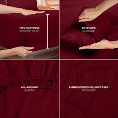 Royale Linens - 4 Piece Queen Bed Sheet - Soft Brushed Microfiber 1800 Bedding Set - 1 Fitted Sheet, 1 Flat Sheet, 2 Pillowcase - Wrinkle & Fade Resistant Luxury Queen Size Sheet Set (Burgundy, Queen)