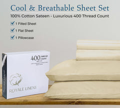 ROYALE LINENS 400 Thread Count 100% American Grown Cotton 4 Piece Sateen Queen Sheet Set - 1 Fitted Sheet, 1 Flat Sheet, 2 Pillow case - Taupe Queen Bedsheet - Cotton Sheets - (Queen, Moroccan Sand)