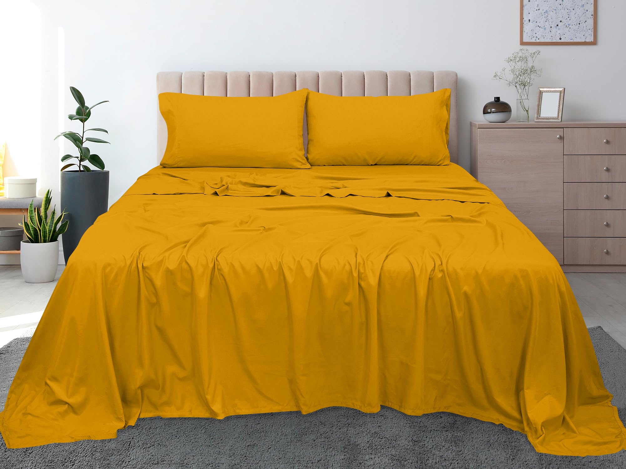 ROYALE LINENS 300 Thread Count 100% Long Staple Combed Cotton Flat Sheet - Super Soft - Top Sheet - Queen Flat Sheet Sold Separately - Breathable, Cool & Crisp Percale Flat Sheet Only (Queen, Yellow)