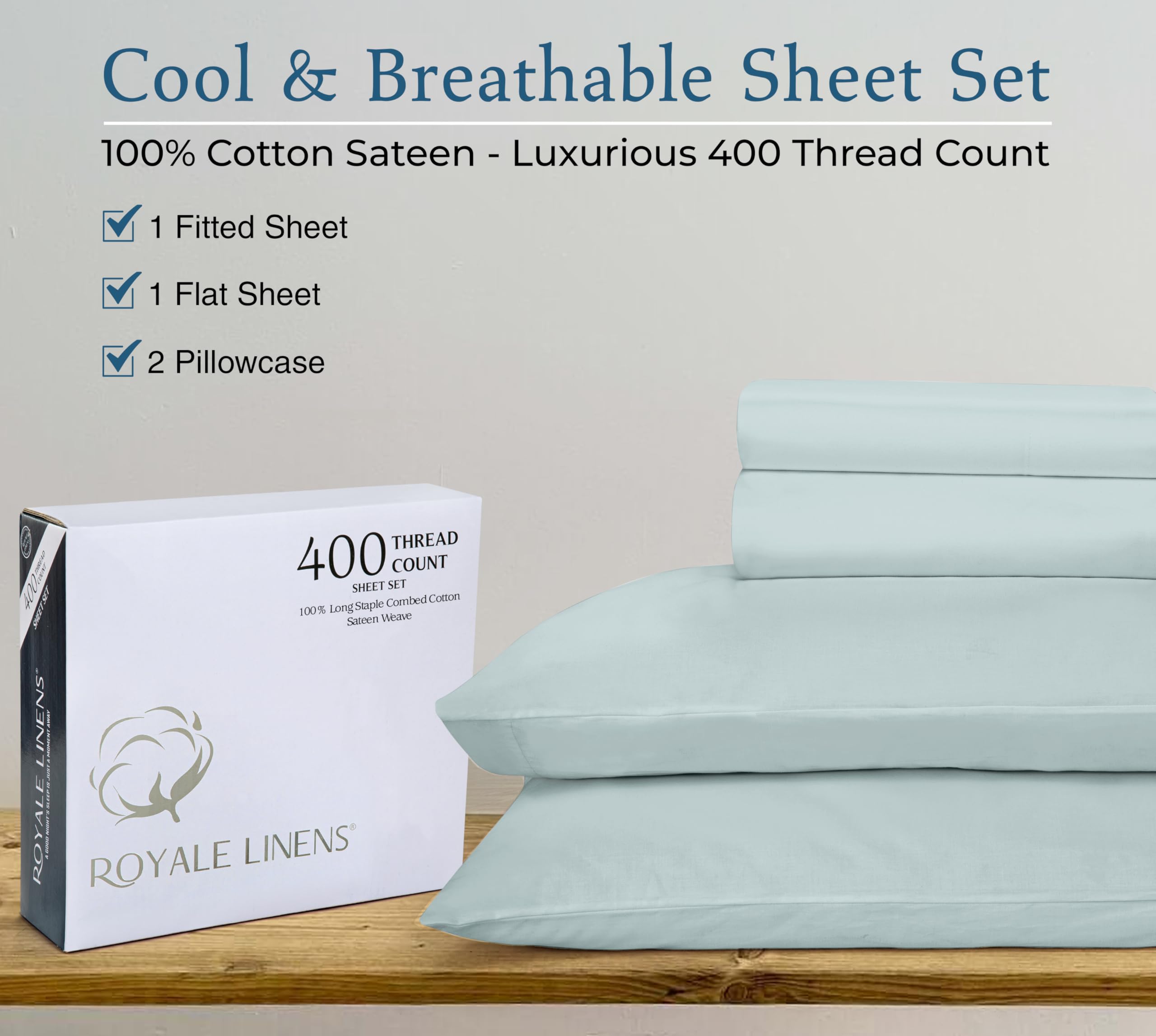 ROYALE LINENS 400 Thread Count 100% American Grown Cotton 4 Piece Sateen Queen Sheet Set - 1 Fitted Sheet, 1 Flat Sheet, 2 Pillow case -Silver Queen Bedsheet - Cotton Sheets - (Queen, Metallic Silver)