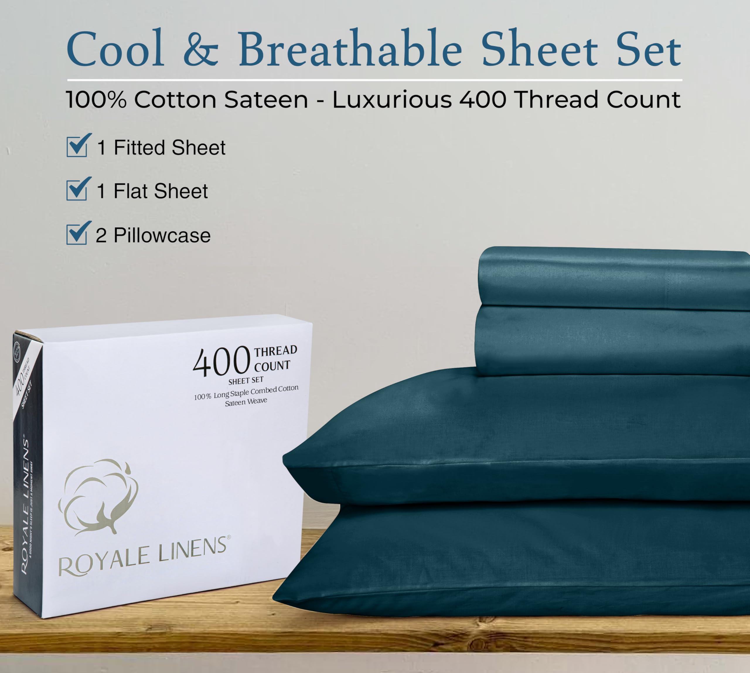 ROYALE LINENS 400 Thread Count 100% American Grown Cotton 4 Piece Sateen Queen Sheet Set - 1 Fitted Sheet, 1 Flat Sheet, 2 Pillow case - Sea Green Queen Bedsheet - Cotton Sheets - (Queen, Sea Green)