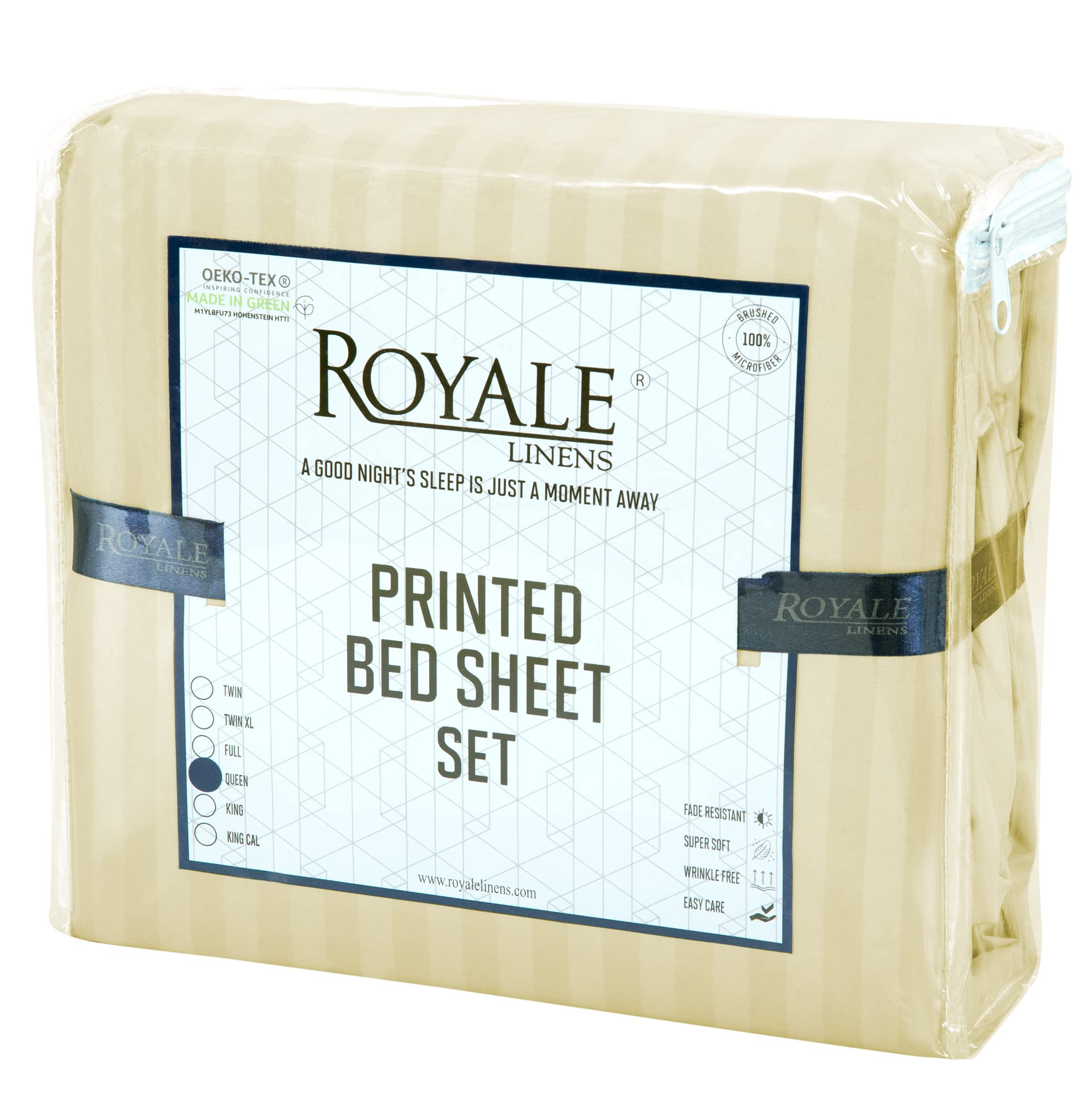 ROYALE LINENS Striped Bed Sheet Set - Microfiber 1800 Bedding - 1 Fitted Sheet, 1 Flat Sheet, 2 Pillowcase - Wrinkle & Fade Resistant - 4 Piece Damask Stripe Bed Sheet Set (Stripe Beige, Queen)