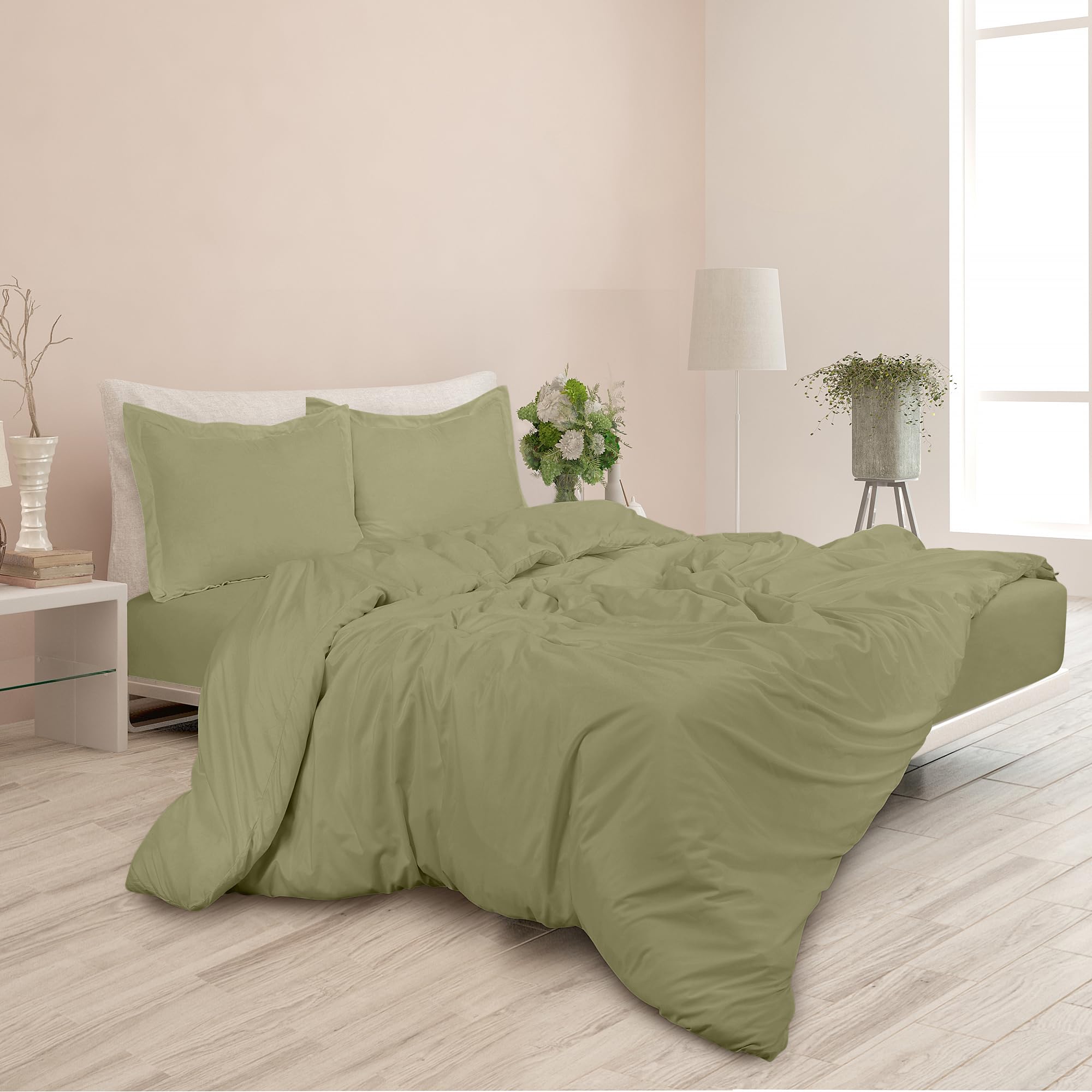 ROYALE Sage Green Duvet Cover - Washed Duvet Cover Set 3 Piece Double Brushed Duvet Covers with Button Closure - 1 Duvet Cover and 2 Pillow Shams - Comforter Cover