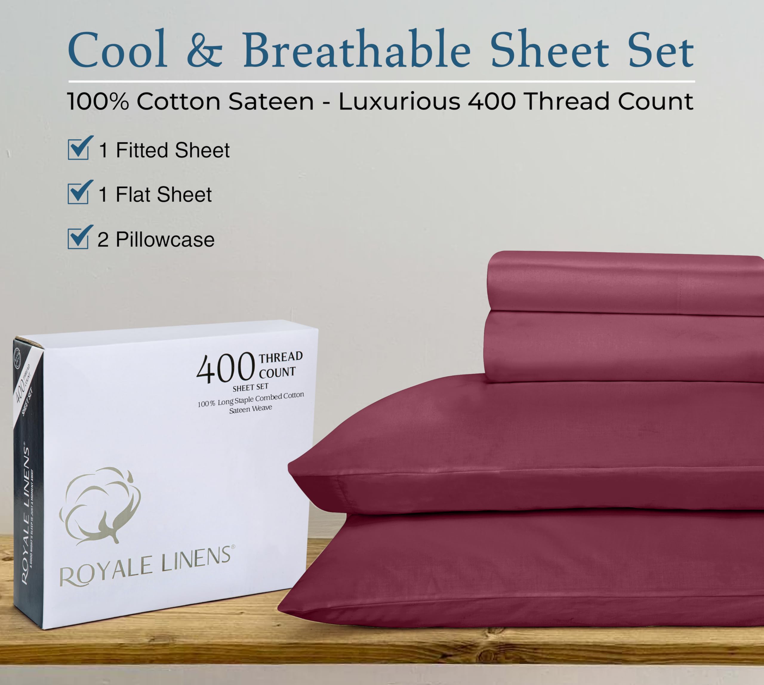 ROYALE LINENS 400 Thread Count 100% American Grown Cotton 4 Piece Sateen Queen Sheet Set - 1 Fitted Sheet, 1 Flat Sheet, 2 Pillow case - Indigo Queen Bedsheet - Cotton Sheets - (Queen, Indigo)