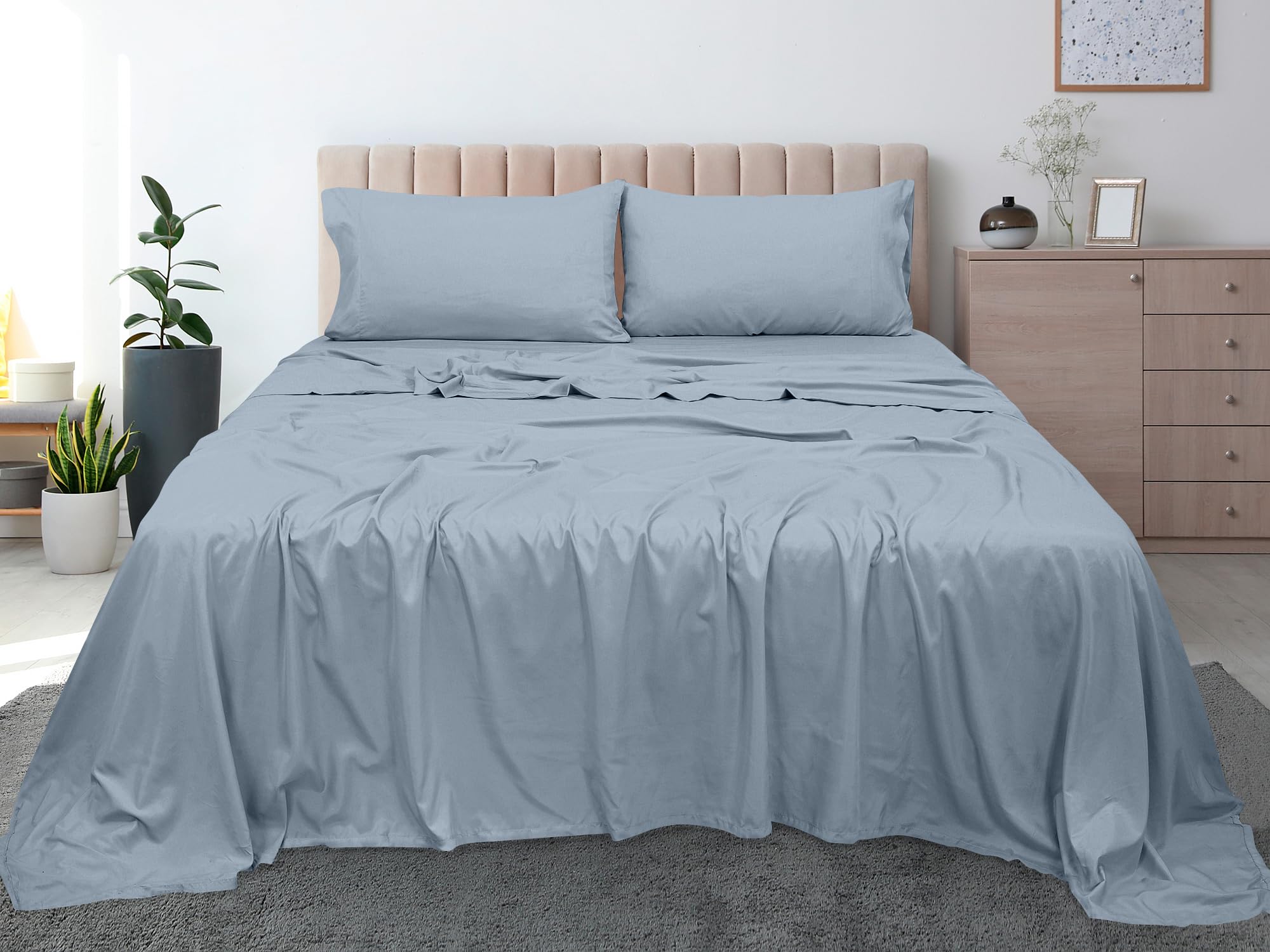 Royale Linen 300 Thread Count 100% Long Staple Combed Cotton Flat Sheet - Super Soft - Top Sheet - Queen Flat Sheet Sold Separately - Breathable Cool & Crisp Percale Flat Sheet Only (Queen, Lake Blue)