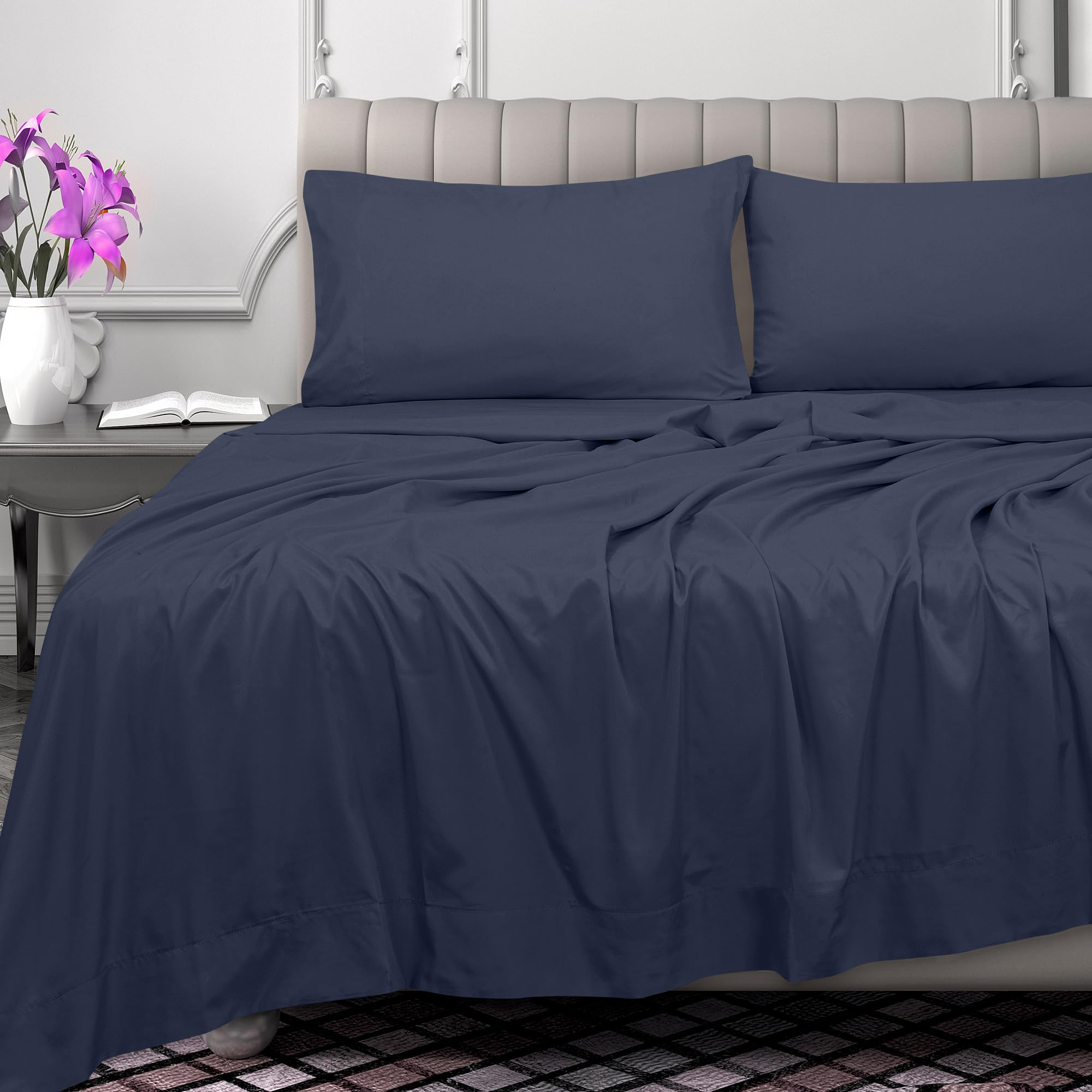 Royale Linens 300 Thread Count 100% Long Staple Combed Cotton Flat Sheet - Super Soft - Top Sheet - Flat Sheet Sold Separately - Breathable, Cool & Crisp Percale Flat Sheet Only ( Navy)