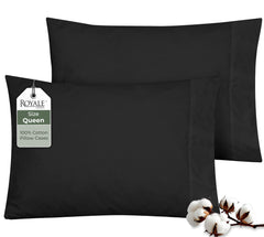 ROYALE LINENS 200 Thread Count 100% Long Staple Combed Cotton Pillowcases Set Of 2 - Ultra Soft - Queen Bed Pillow Cover - 20"x30" - Breathable, Cool & Crisp Percale White Pillow Cases (Queen, Black)