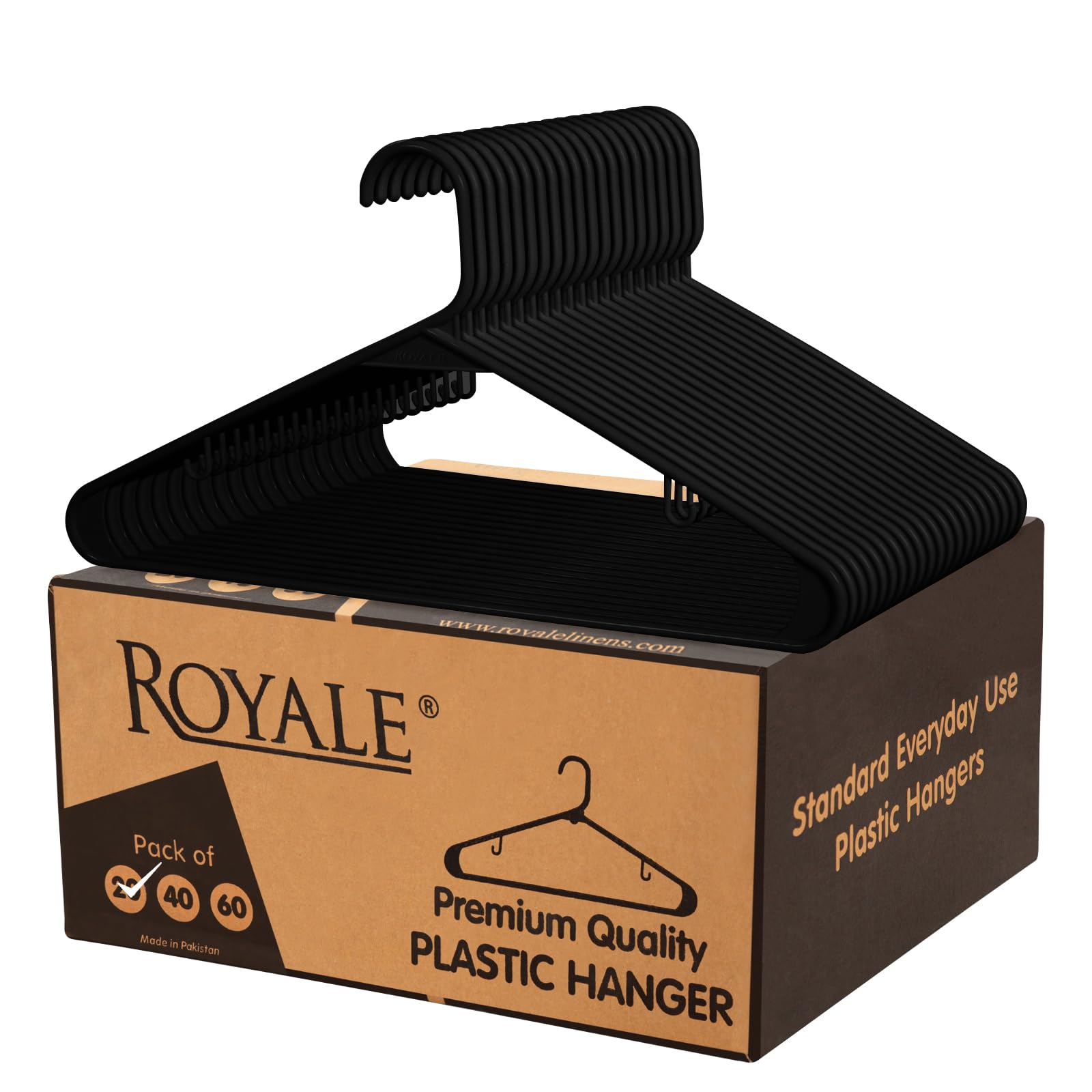 ROYALE Plastic Hangers 20 Pack - Black Plastic Hangers - Clothes Hanger With Hooks – Heavy Duty Space Saving Coat Hangers Ideal For Everyday Use For Tops, Skirt, Dress, Shirts, Pants (20 Pack, Black)