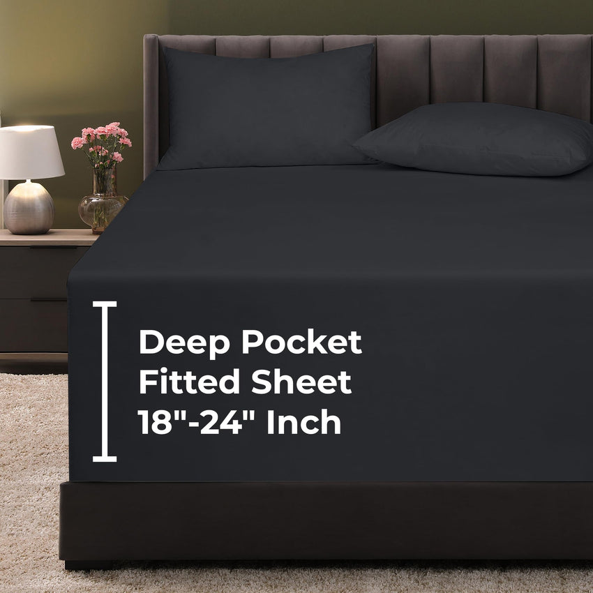 Royale Linens Extra Deep Pocket Queen Fitted Sheet Only - Soft Black Queen Size Fitted Sheet Deep Pocket - Fits 18 inch to 24 inch Thick Mattress - Fitted Sheet Only - Elastic Sheet (Queen, Black)