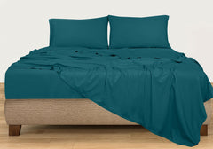 ROYALE LINENS 300 Thread Count 100% Long Staple Combed Cotton Sheet Set - 4 Piece Queen Bed Sheet 1 Fitted Sheet, 1 Flat Sheet, 2 Pillow Case - Breathable, Cool & Crisp Percale Sheet Set (Queen, Teal)