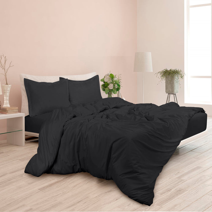 ROYALE Black Duvet Cover Queen Size - Washed Duvet Cover Set, 3 Piece Double Brushed Duvet Covers with Button Closure - 1 Duvet Cover 90x90 inches and 2 Pillow Shams - Comforter Cover