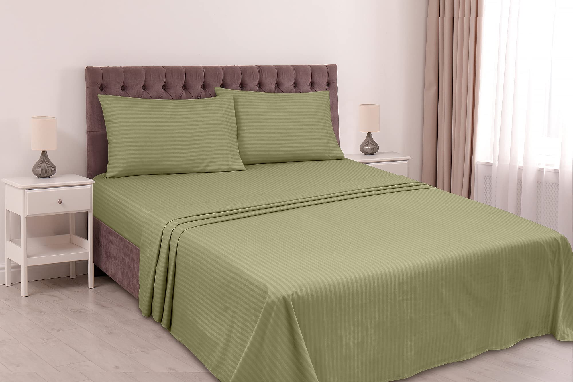 ROYALE LINENS Striped Bed Sheet Set - Microfiber 1800 Bedding - 1 Fitted Sheet, 1 Flat Sheet, 2 Pillowcase - Wrinkle & Fade Resistant - 4 Piece Damask Stripe Bed Sheet Set (Stripe SageGreen)