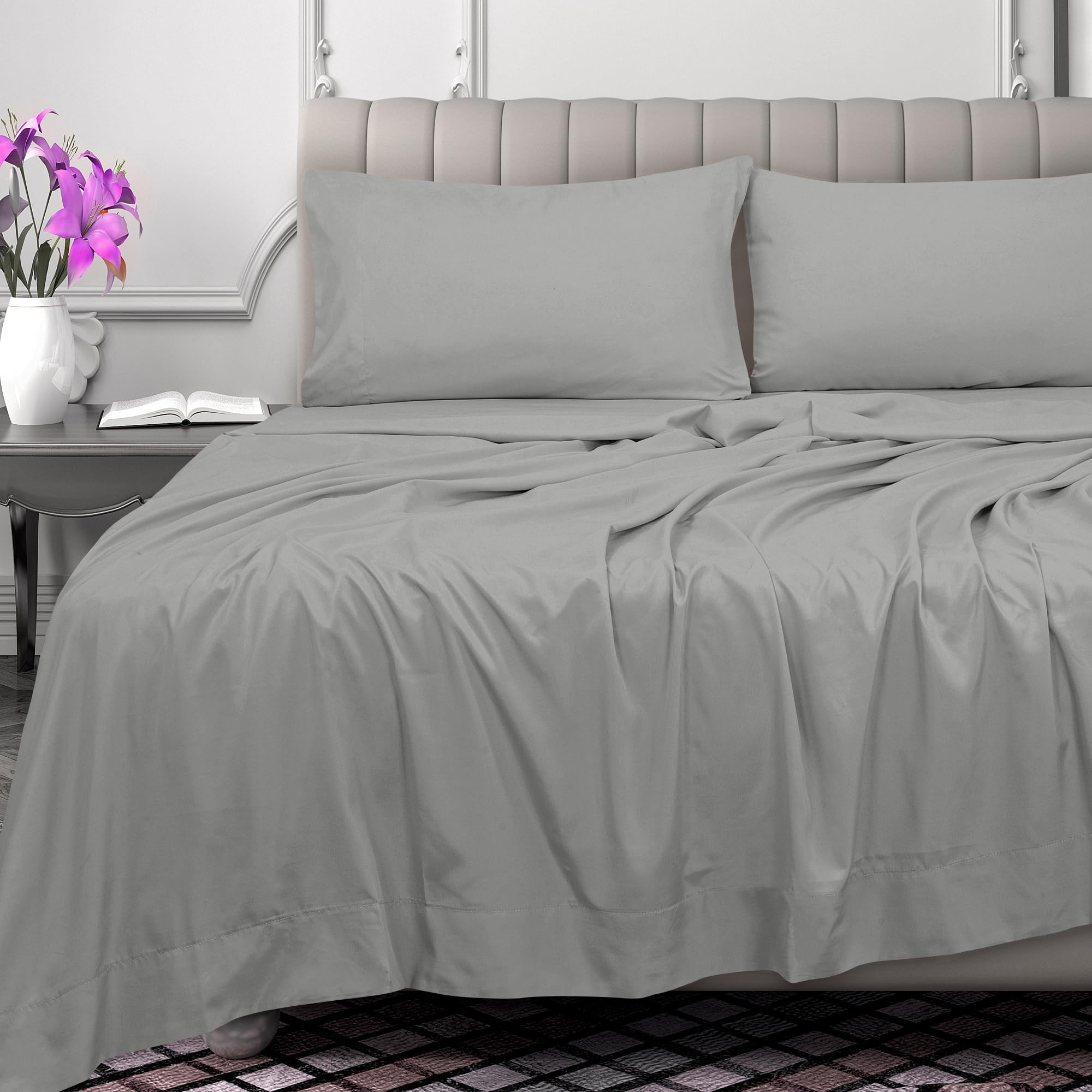 ROYALE LINENS 300 Thread Count 100% Long Staple Combed Cotton Flat Sheet - Super Soft - Top Sheet - Flat Sheet Sold Separately - Breathable, Cool & Crisp Percale Flat Sheet Only (Silver)