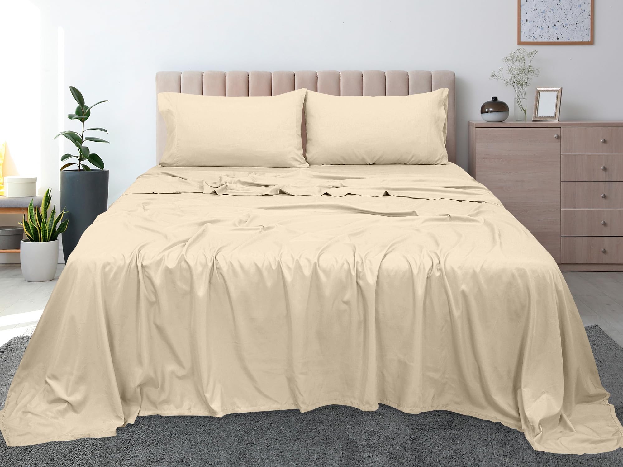 ROYALE LINENS 300 Thread Count 100% Long Staple Combed Cotton Flat Sheet - Super Soft - Top Sheet - Queen Flat Sheet Sold Separately - Breathable, Cool & Crisp Percale Flat Sheet Only (Queen, Cream)