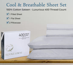 ROYALE LINENS 400 Thread Count 100% American Grown Cotton 4 Piece Sateen Queen Sheet Set - 1 Fitted Sheet, 1 Flat Sheet, 2 Pillow case - Silver Queen Bedsheet - Cotton Sheets - (Queen, Spanish Silver)