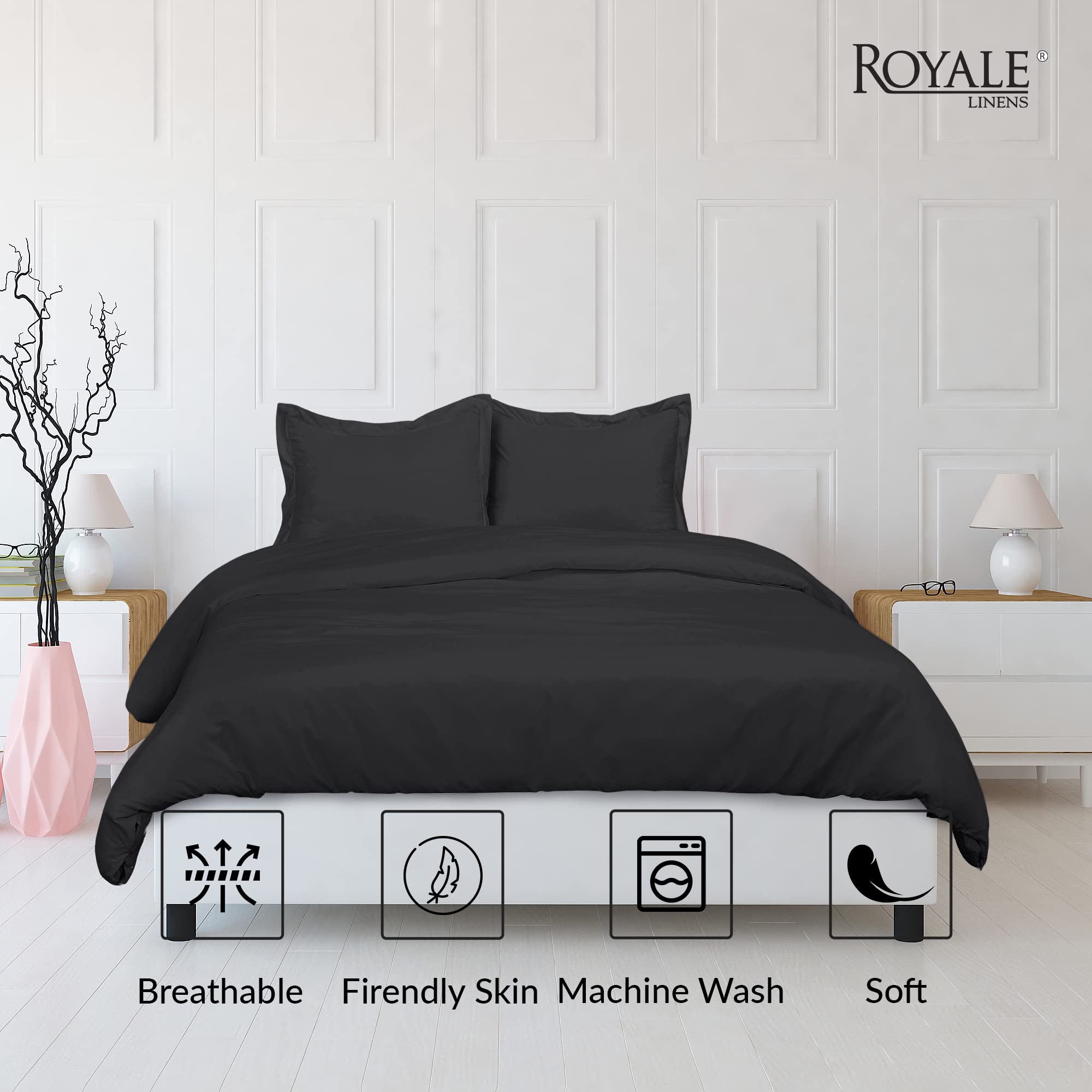 ROYALE LINENS Black Duvet Cover Queen Size - Queen Duvet Cover Set - 3 Piece Double Brushed Queen Duvet Covers with Zipper Closure, 1 Queen Duvet Cover 90x90 inches and 2 Pillow Shams (Queen, Black)