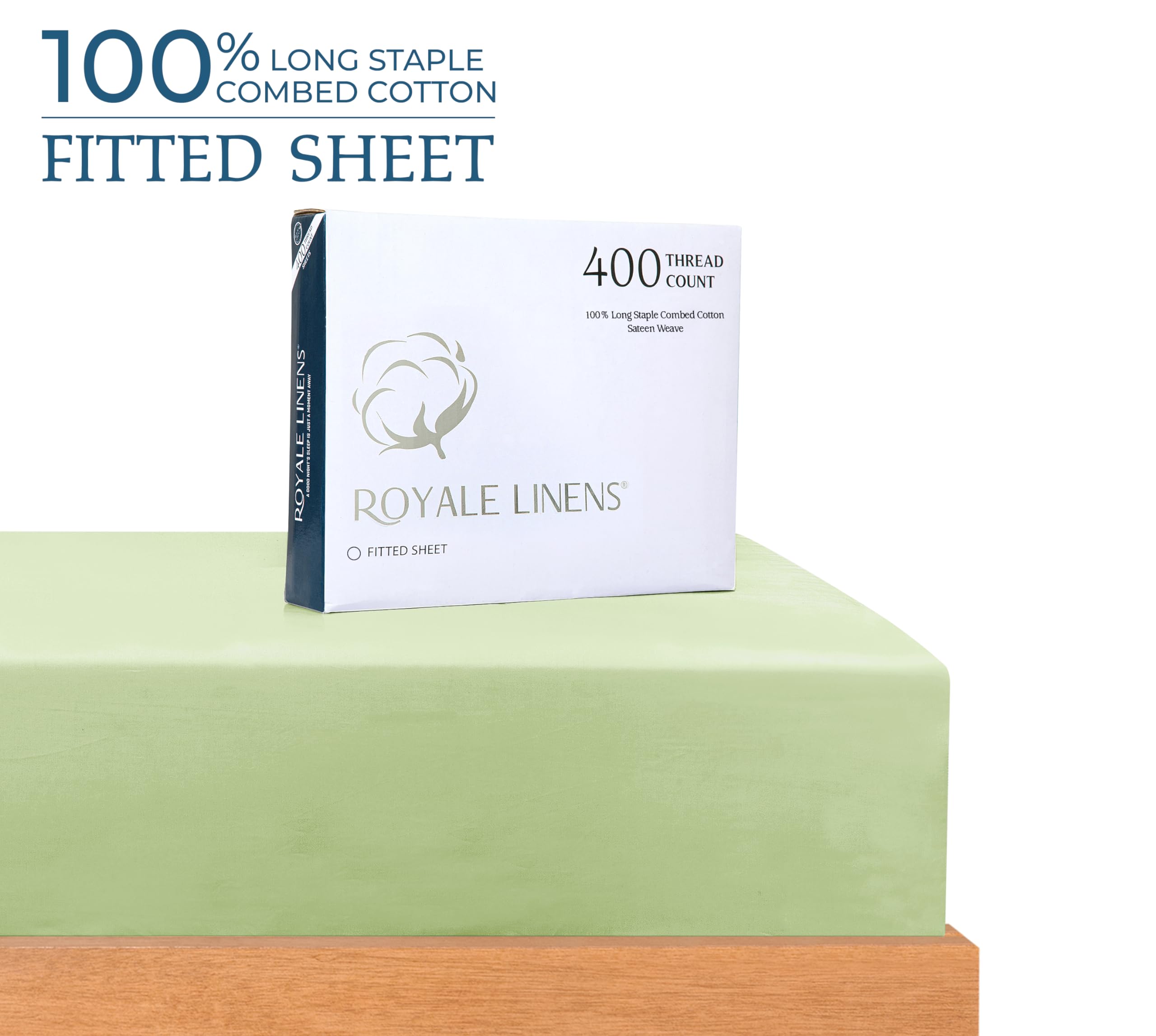 Royale Linens 400 Thread Count 100% American Grown Cotton Fitted Sheet- All Around Elastic Fitted Sheet - Luxury Sateen Weave - Snug Fit Bottom Sheet Fit Up To 16" (Florentine Sage)