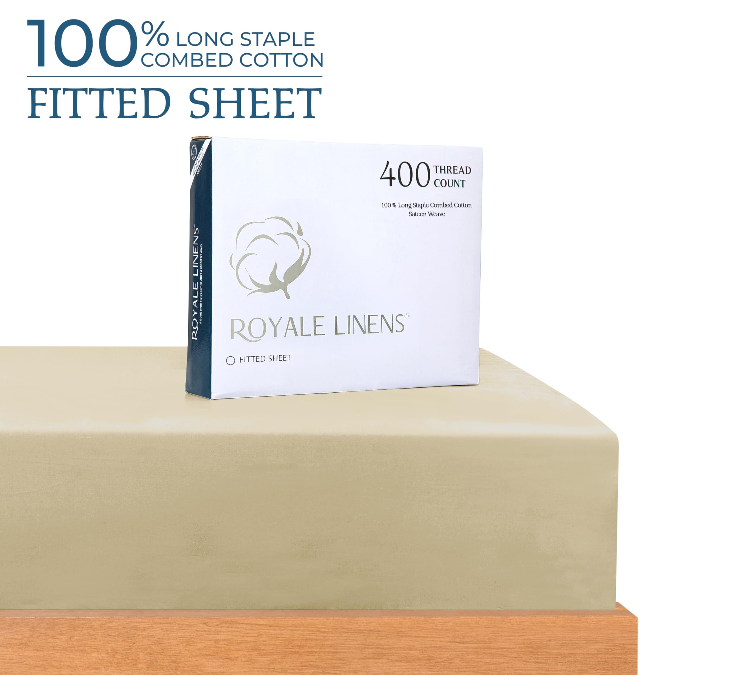 ROYALE LINENS 400 Thread Count 100% American Grown Cotton Fitted Sheet - All Around Elastic Fitted Sheet - Luxury Sateen Weave - Snug Fit Bottom Sheet Fit Up to 16" (Moroccan Sand)