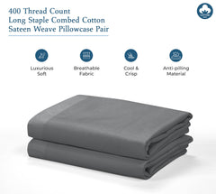 Royale Linens 400 Thread Count 100% American Grown Cotton Queen Pillowcase Set - Luxury Sateen Queen Pillow case - 20"x30" Inch - Soft & Smooth Set of 2 Grey Pillowcases - (Queen, Spanish Slate)