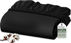 Royale Linens 200 Thread Count 100% Long Staple Combed Cotton Fitted Sheet - Super Soft Deep Pocket Bottom Sheet -Queen Fitted Sheet Only - Elastic Sheet (Queen,Black)