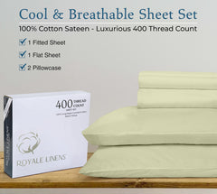 Royale Linen 400 Thread Count 100% American Grown Cotton 4 Piece Sateen Queen Sheet Set - 1 Fitted Sheet, 1 Flat Sheet, 2 Pillow case - Blue Light Queen Bedsheet - Cotton Sheets - (Queen, Blue Light)