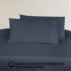 ROYALE LINENS 300 Thread Count 100% Long Staple Combed Cotton Striped Sheet Set - 4 Piece Queen Bed Sheet - 1 Fitted Sheet, 1 Flat Sheet, 2 Pillow case - Cool & Crisp Sheet Set (Queen - Stripe Navy)