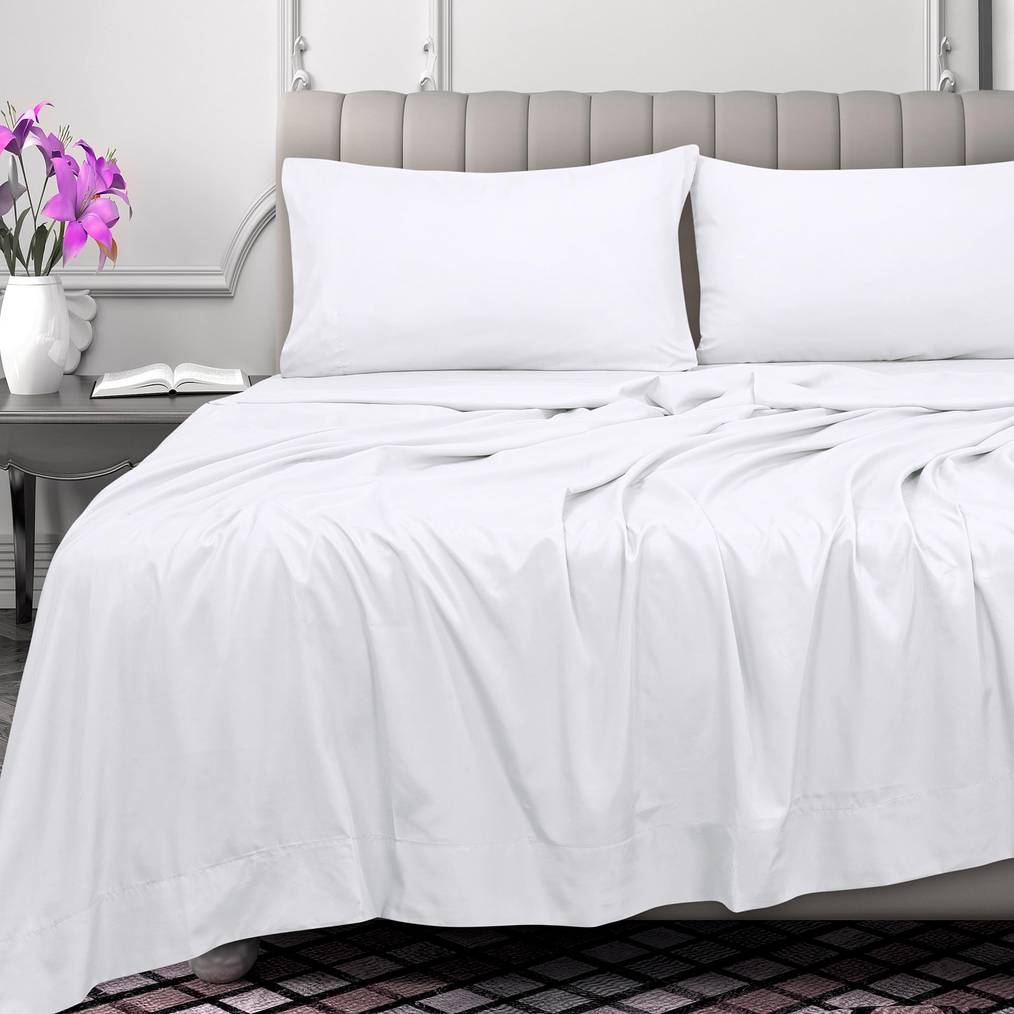 Royale Linens 300 Thread Count 100% Long Staple Combed Cotton Flat Sheet - Super Soft - Top Sheet - Flat Sheet Sold Separately - Breathable, Cool & Crisp Percale Flat Sheet Only (White)