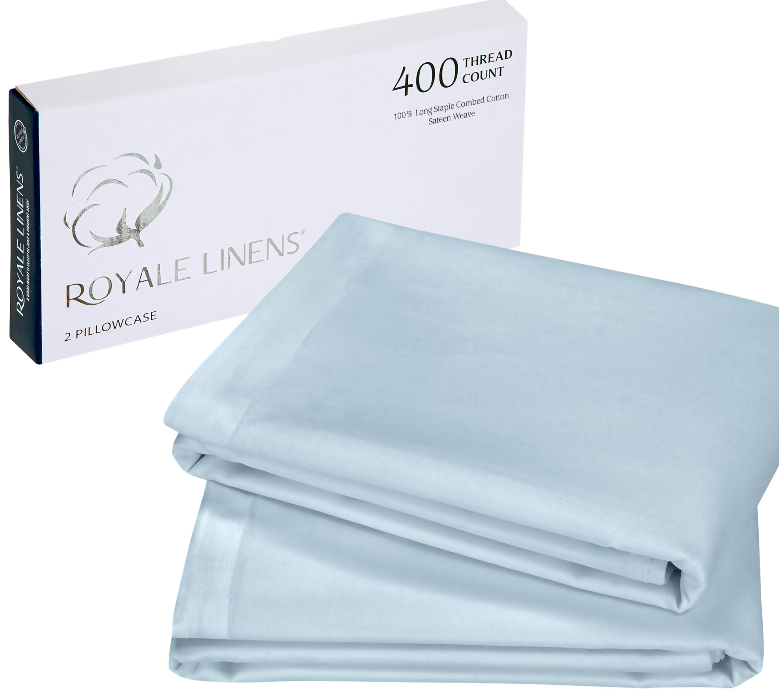 Royale Linens 400 Thread Count 100% American Grown Cotton Pillowcase Set - Luxury Sateen Pillow case - 20"x30" Inch - Soft & Smooth Set of 2 Blue Pillowcases - ( Caribbean Blue)