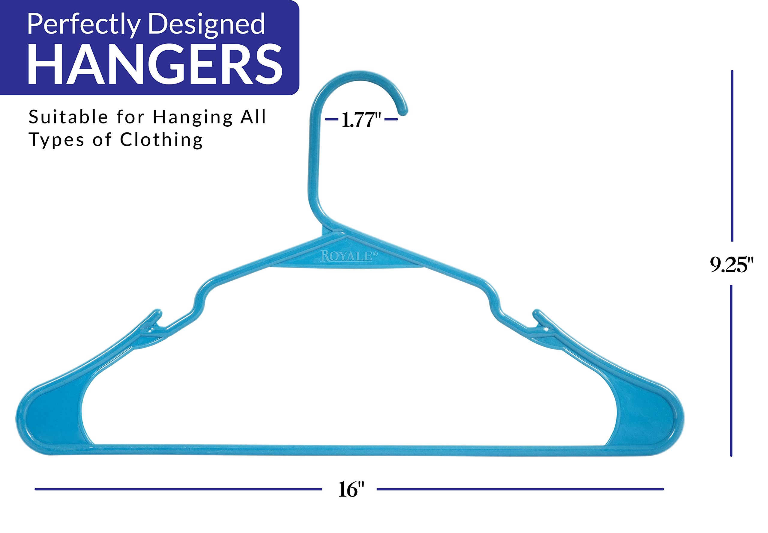 ROYALE Blue Plastic Hangers for Clothes - Heavy Duty Plastic Clothes Hanger Ideal for Everyday Standard Use - Lightweight & Space Saving Notched Plastic Hangers - Slim & Sleek Shoulder Groove