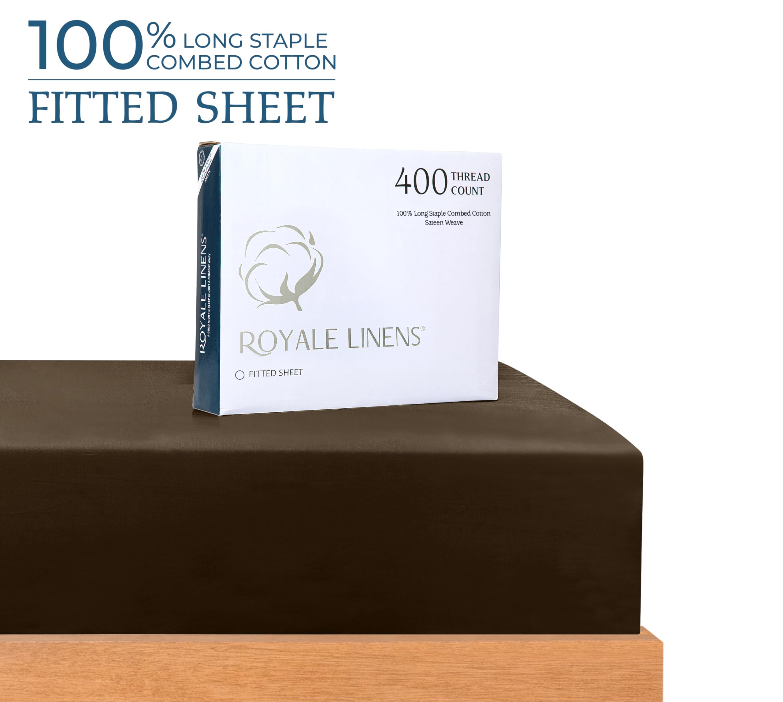 Royale Linens 400 Thread Count 100% American Grown Cotton Fitted Sheet - All Around Elastic Fitted Sheet - Luxury Sateen Weave - Snug Fit Bottom Sheet Fit Up to 16 Inch (Hazel Nut)