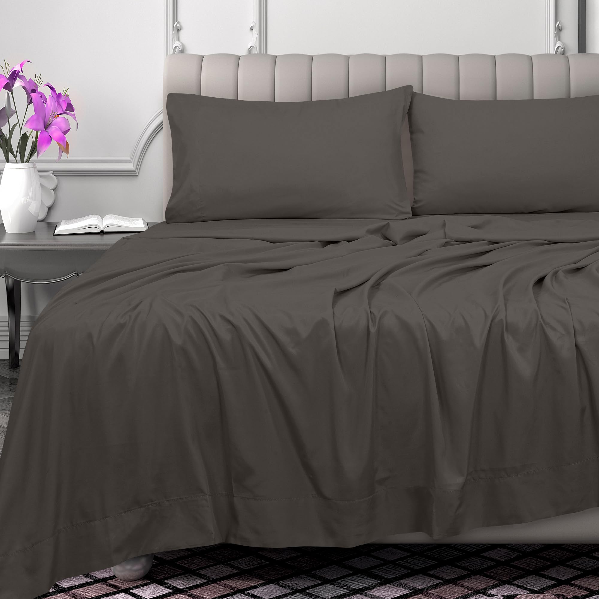ROYALE LINENS 300 Thread Count 100% Long Staple Combed Cotton Flat Sheet - Super Soft - Top Sheet - Flat Sheet Sold Separately - Breathable, Cool & Crisp Percale Flat Sheet Only (Grey)