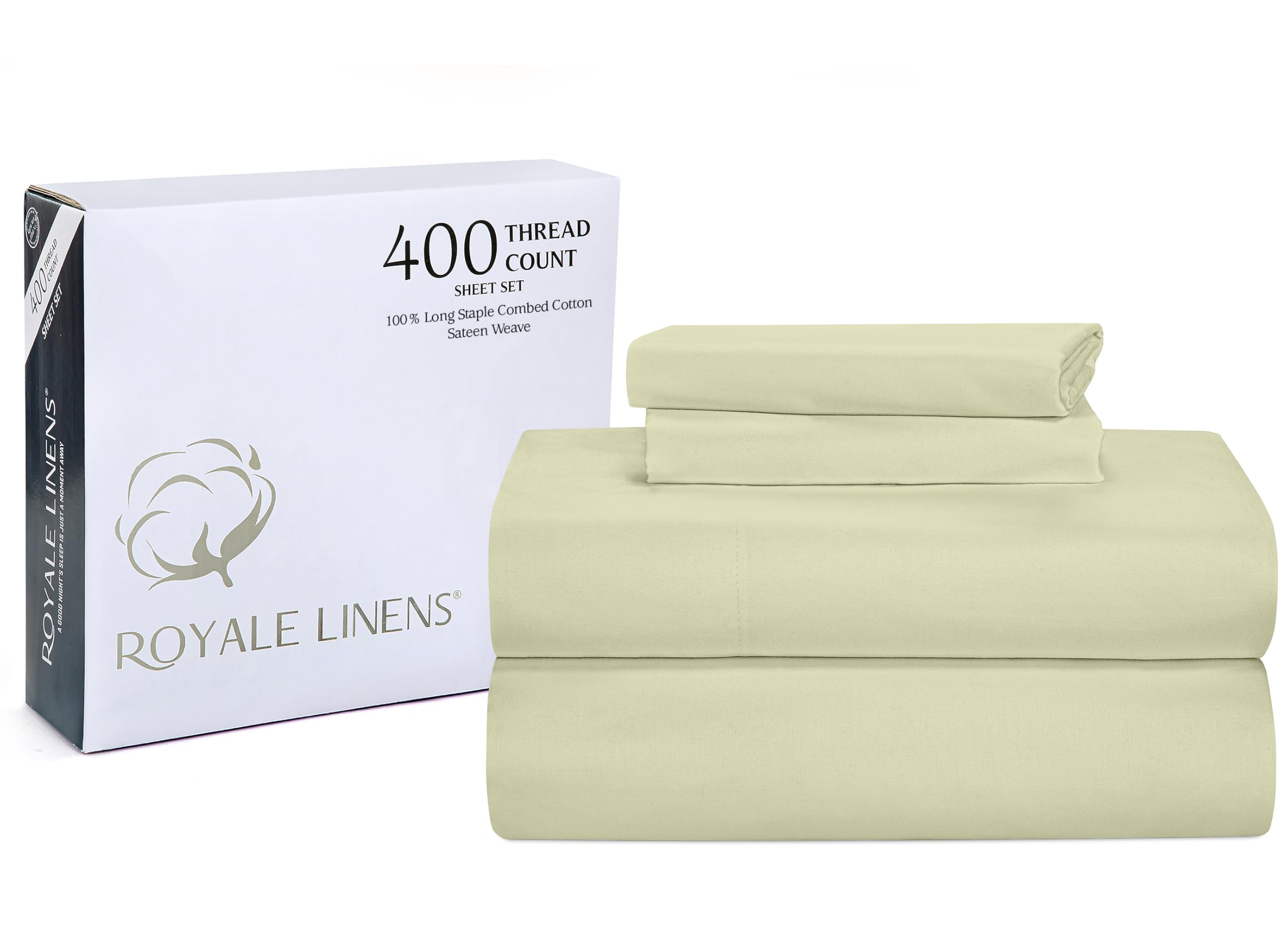 Royale Linen 400 Thread Count 100% American Grown Cotton 4 Piece Sateen Queen Sheet Set - 1 Fitted Sheet, 1 Flat Sheet, 2 Pillow case - Blue Light Queen Bedsheet - Cotton Sheets - (Queen, Blue Light)