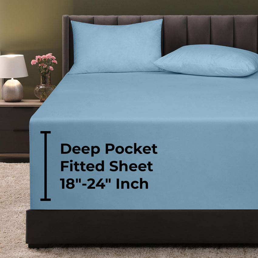 Royale Linens Extra Deep Pocket Queen Fitted Sheet Only - Lake Blue Queen Size Fitted Sheet Deep Pocket - Fits 18 inch to 24 inch Thick Mattress - Fitted Sheet Only - Elastic Sheet (Queen, Lake Blue)