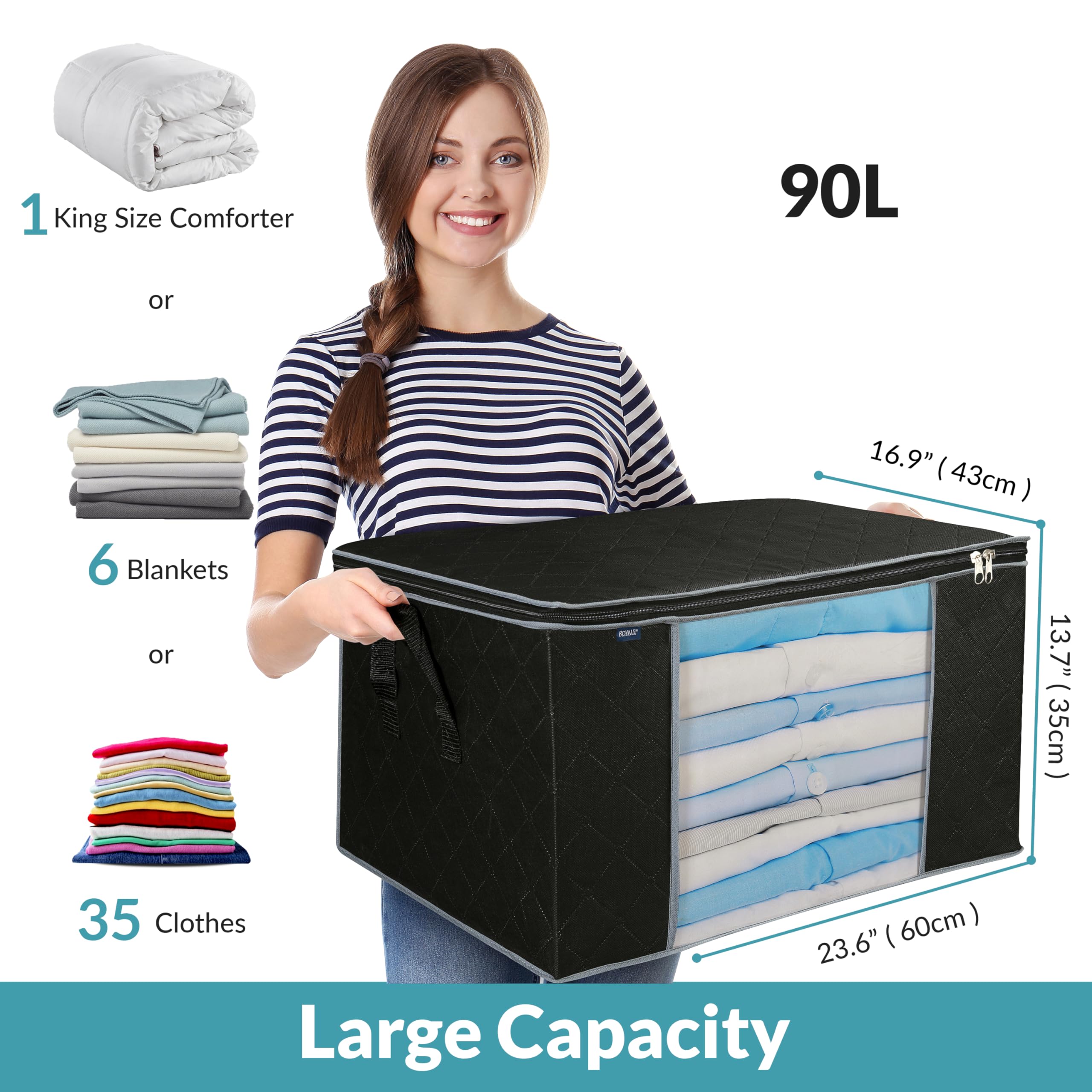 Royale Large Capacity Clothes Storage Bag Organizer with Strong Handle- 90L Fabric Bag - Zipper Closure - Storage Container for Organizing Bedroom, Closet, Clothing, Comforter with Clear Window