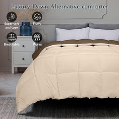 ROYALE Queen Comforter - All Season Down Alternative Bedding Comforter - Lightweight Quilted Comforter with Corner Tabs - Luxury Hotel Comforter - Box Stitched Duvet Insert (Queen, Chocolate & Sand)