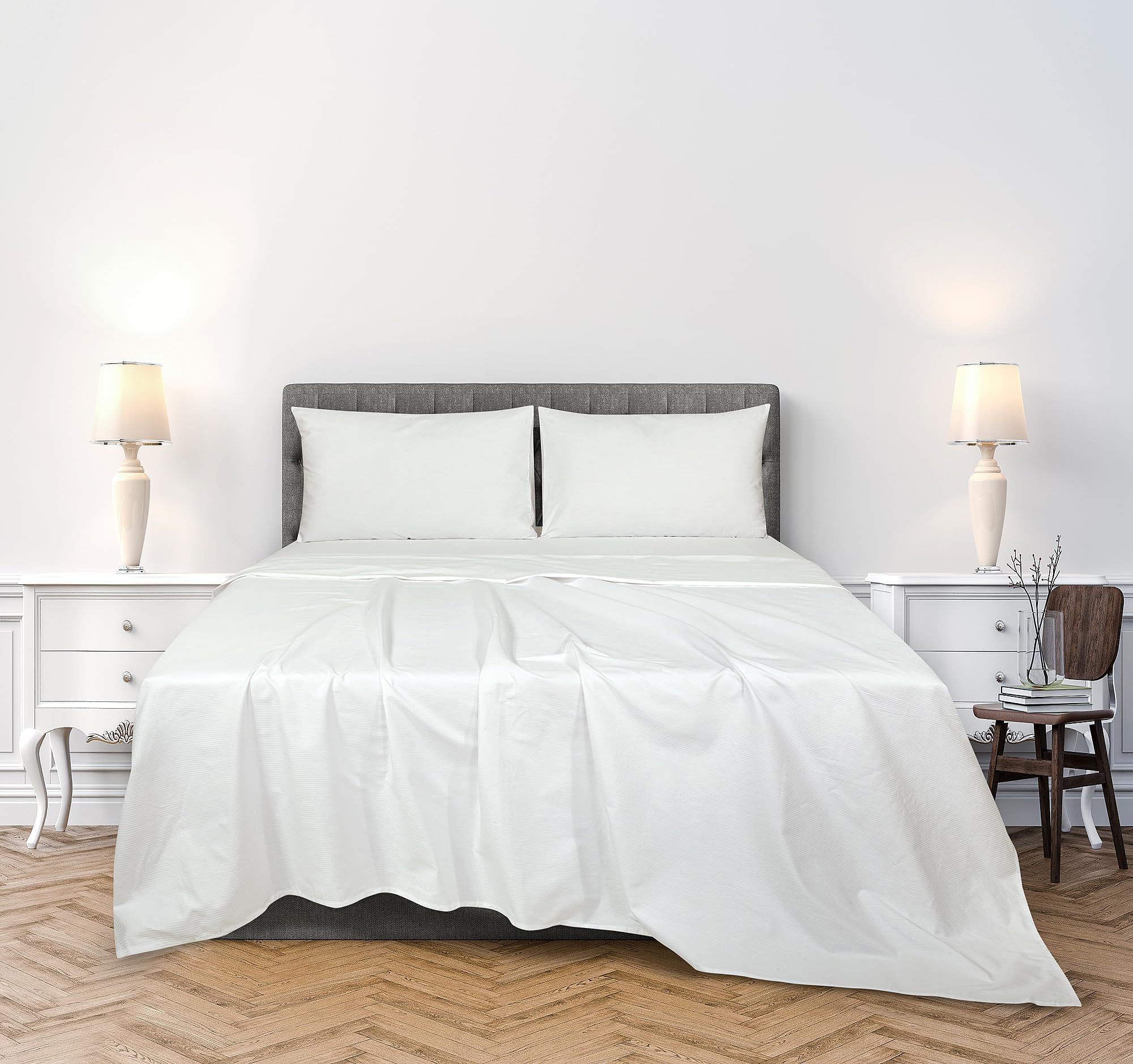 ROYALE LINENS 300 Thread Count 100% Long Staple Combed Cotton Sheet Set - 4 Piece Bed Sheet 1 Fitted Sheet, 1 Flat Sheet, 2 Pillow Cases -Breathable Cool & Crisp Percale Sheet Set ( White)