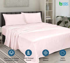 ROYALE LINENS 400 Thread Count 100% American Grown Cotton 4 Piece Sateen Queen Sheet Set - 1 Fitted Sheet, 1 Flat Sheet, 2 Pillow case - Pink Queen Bedsheet - Cotton Sheets - (Queen, Kyoto Blush)