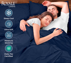 ROYALE LINENS 200 Thread Count 100% Long Staple Combed Cotton Pillowcases Set Of 2 - Ultra Soft - Queen Bed Pillow Cover - 20"x30" - Breathable, Cool & Crisp Percale White Pillow Cases (Queen, Navy)